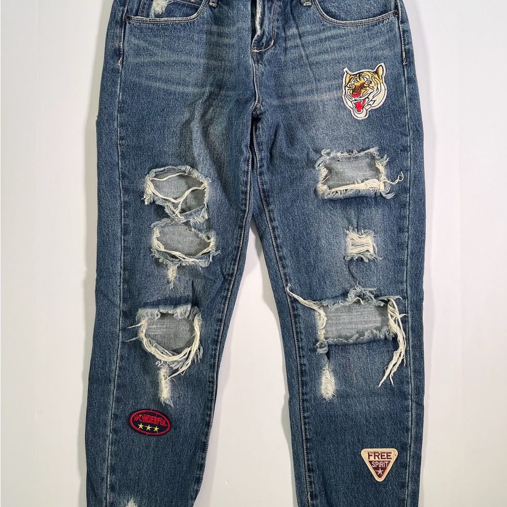 Articles Of Society Blue Boyfriend Jeans with Patches
